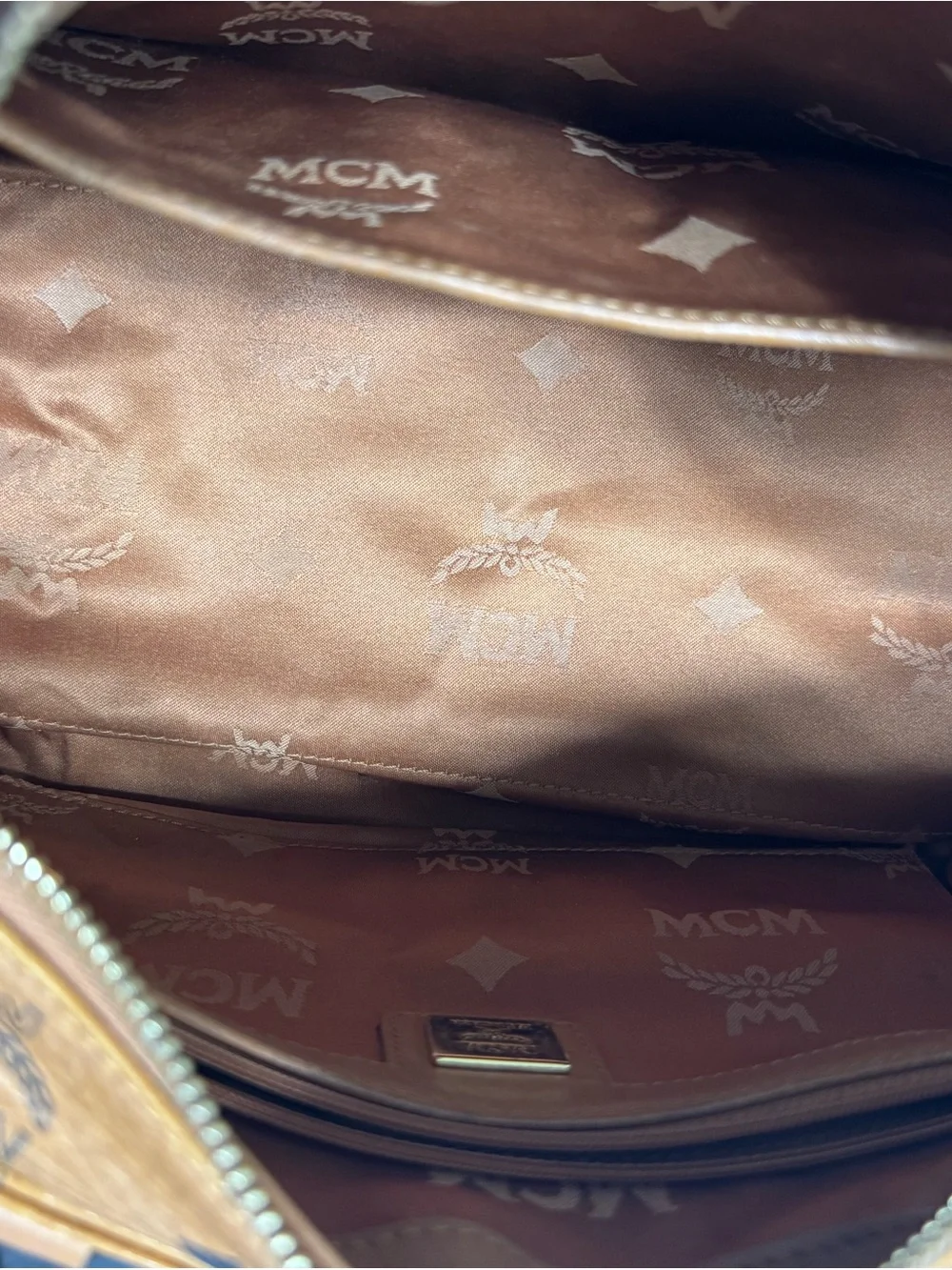 MCM Cognac Visetos Barrel Satchel with Gold Hardware